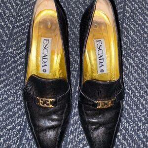 Escada Black Textured Loafers with Gold Accent